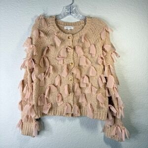 Free the Roses Womens Cardigan Sweater Small Knit Tulle Ribbon Embellished